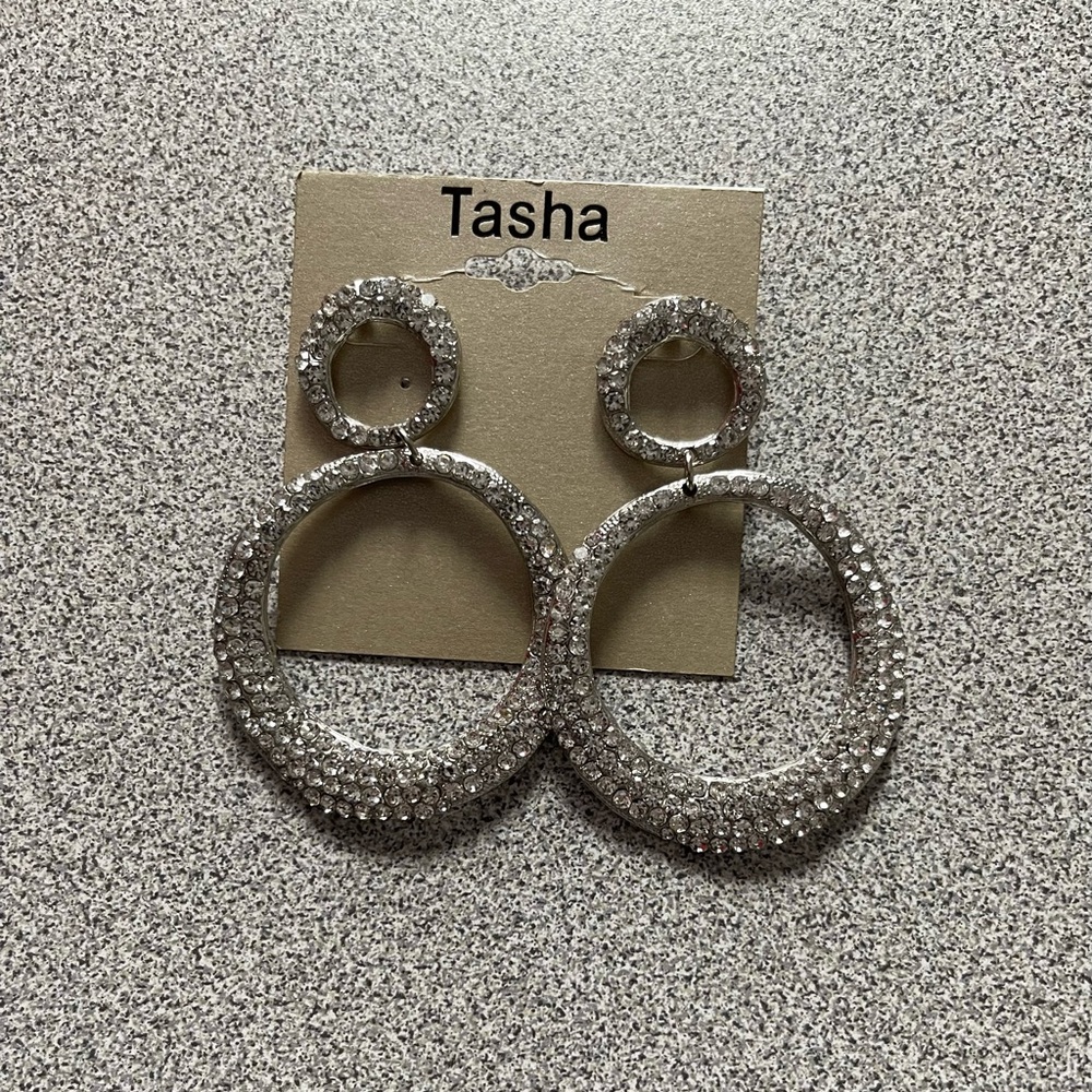 Tasha Silver & Clear Stone Flat Hoop Earrings